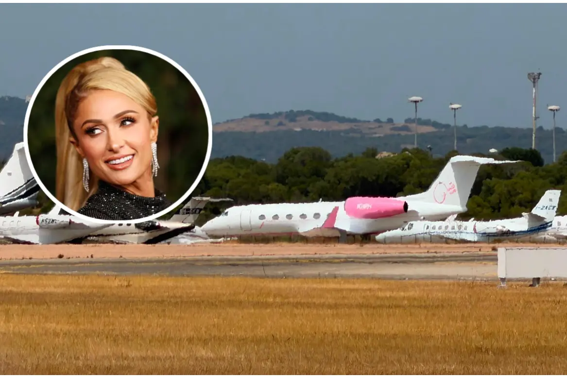 Il jet (foto L'Unione Sarda), nel riquadro Paris Hilton (Ansa)