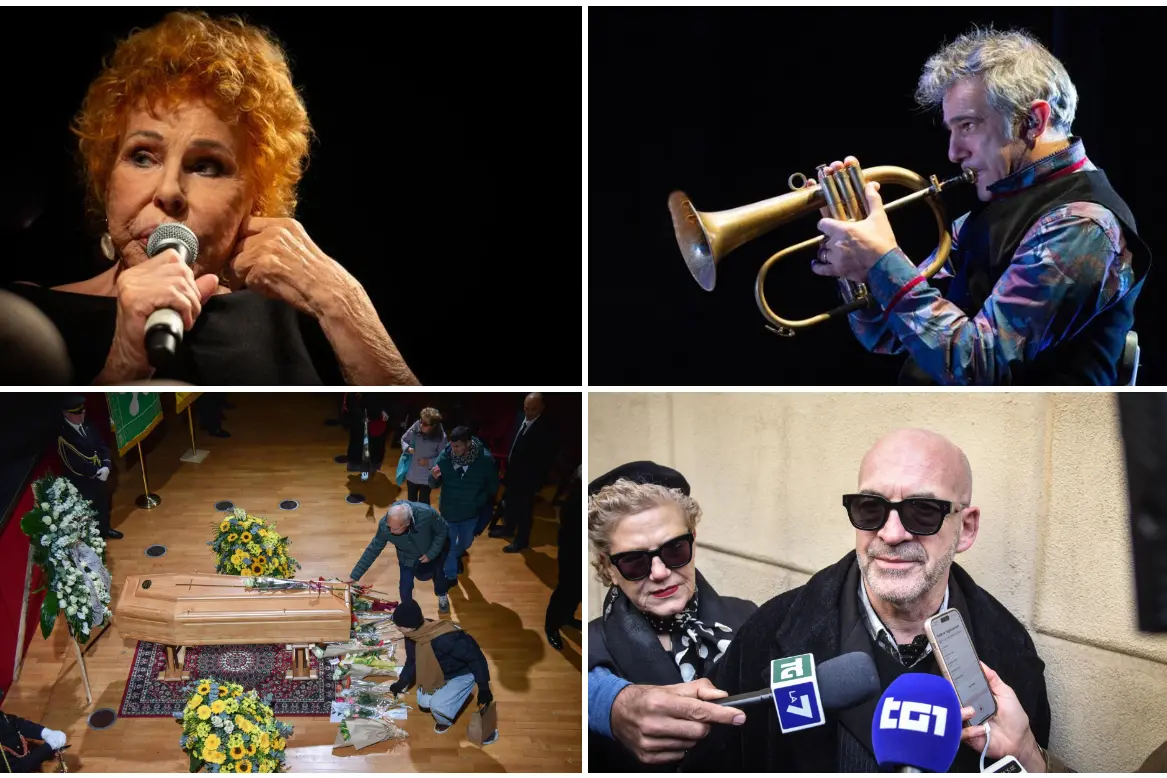 Ornella Vanoni, Paolo Fresu e due scatti dalla camera ardente: Antonio Marras e un omaggio al feretro (foto Ansa)