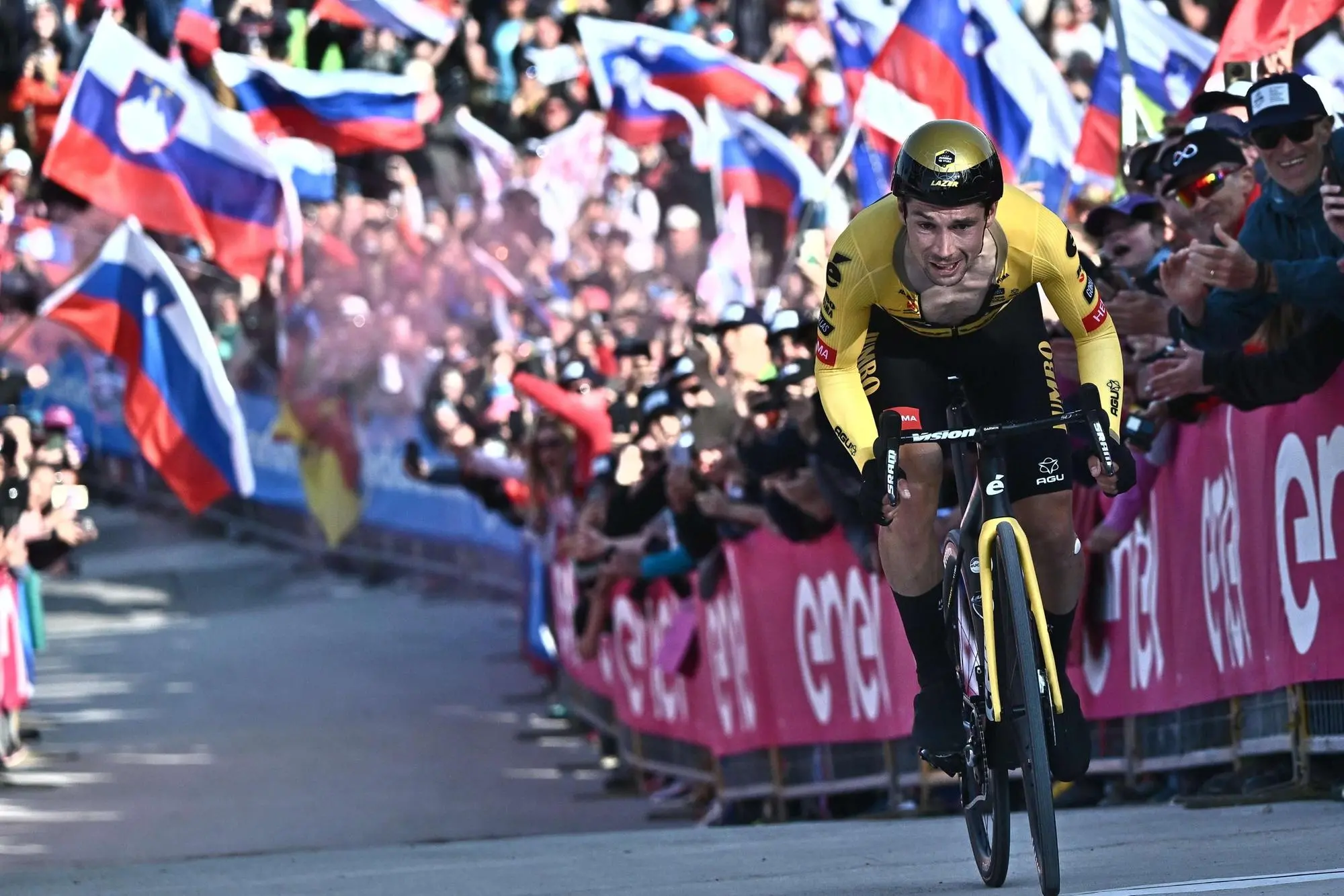 Slovenian rider Primoz Roglic of team Jumbo Visma to cross the finish line and win the twentieth stage ITT of the 2023 Giro d'Italia cycling race over km 18,6 from Tarvisio to Monte Lussari, Italy, 27May 2023. ANSA/LUCA ZENNARO