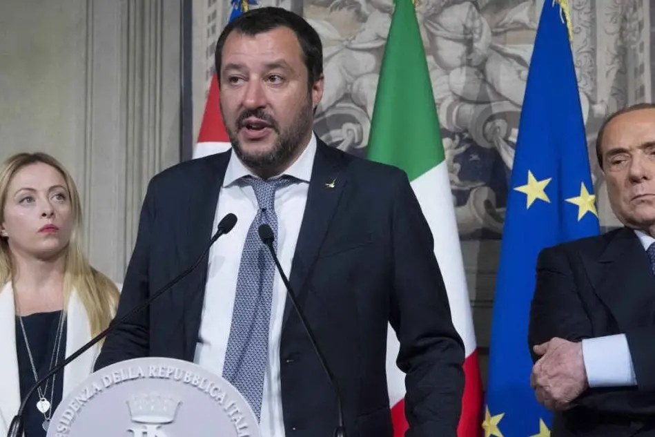 Salvini con Berlusconi e Giorgia Meloni (Ansa)