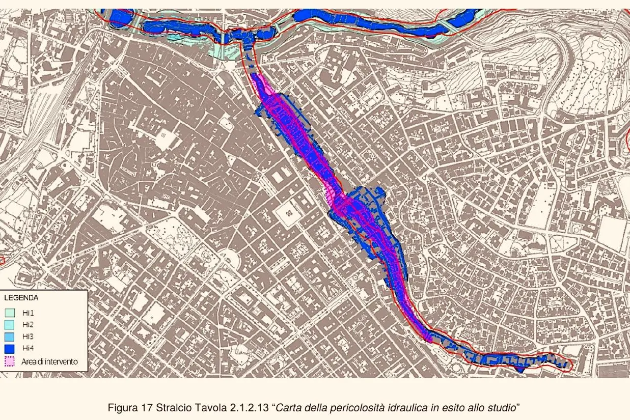 Nella carta, sottolineato, il grado di pericolosità dell'area
