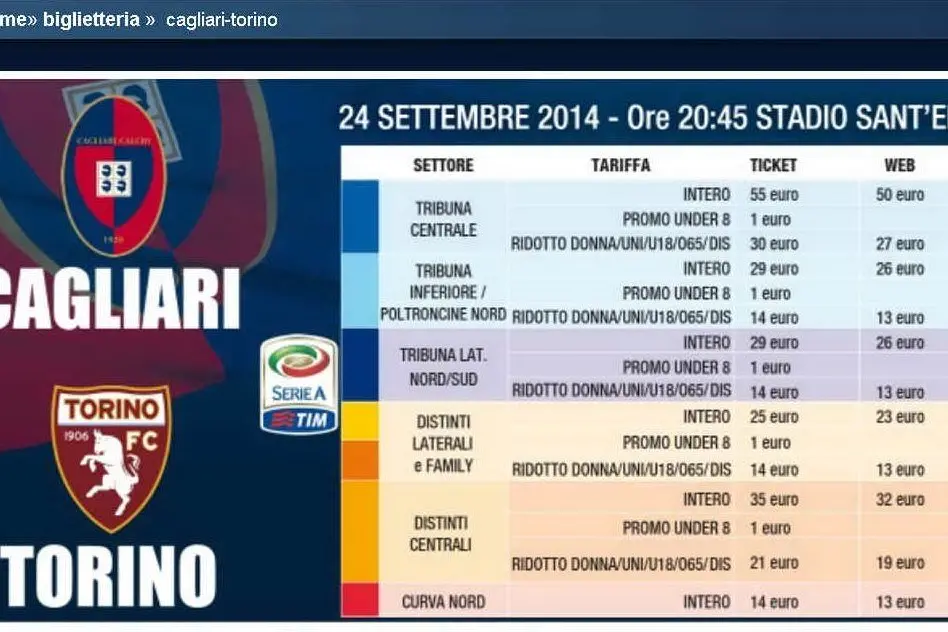 I biglietti per Cagliari-Torino