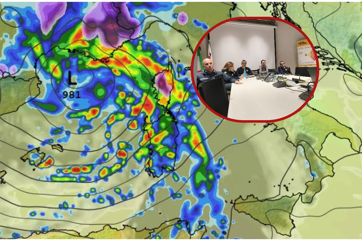 Maltempo sulla Sardegna, a destra la riunione del Direzione generale della Protezione Civile della Regione Sardegna (foto WixCharts/ufficio stampa)