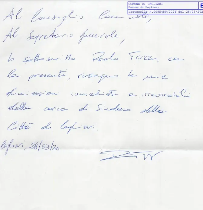 La lettera di dimissioni di Paolo Truzzu