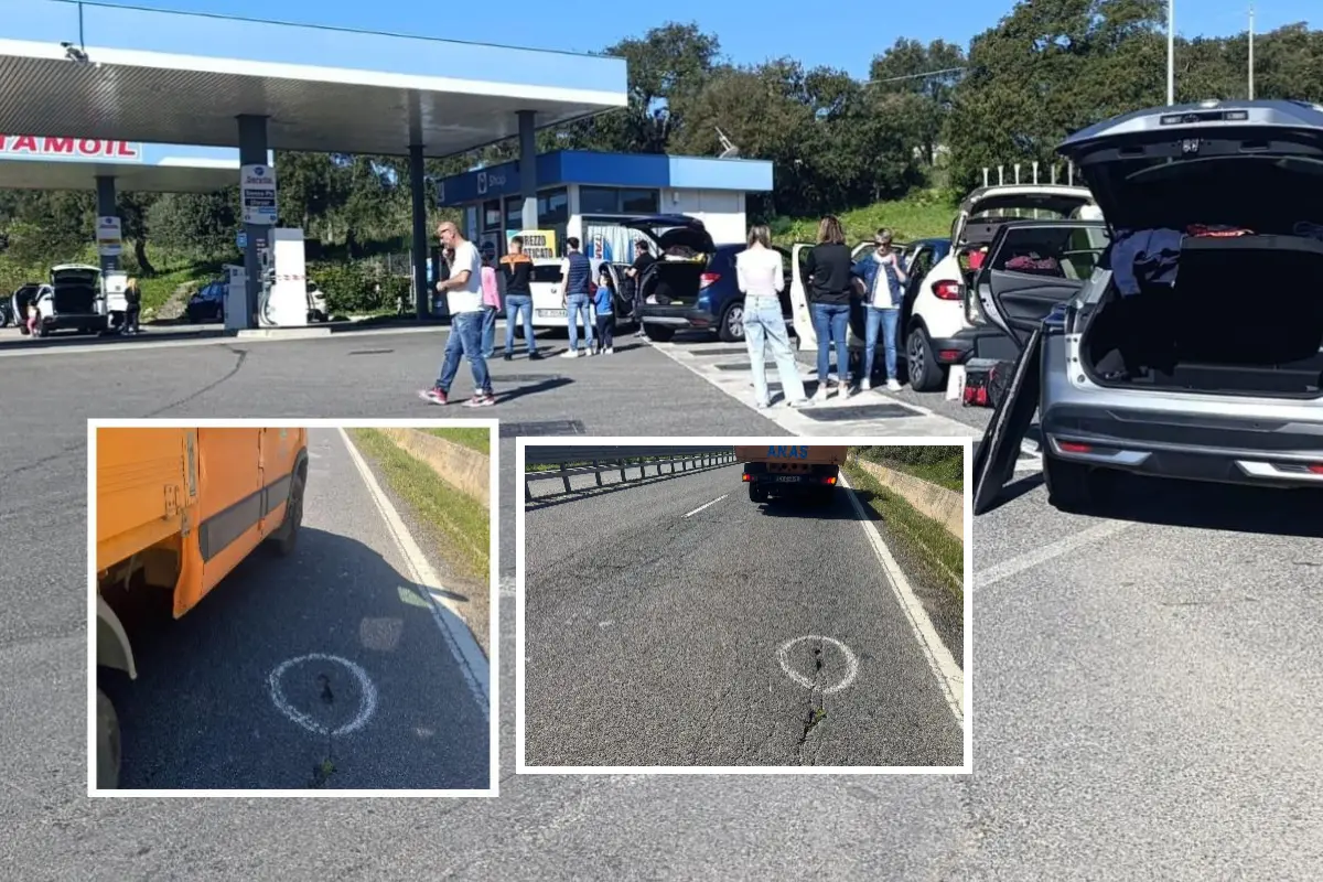 La auto con le gomme forate e la crepa sistemata da Anas