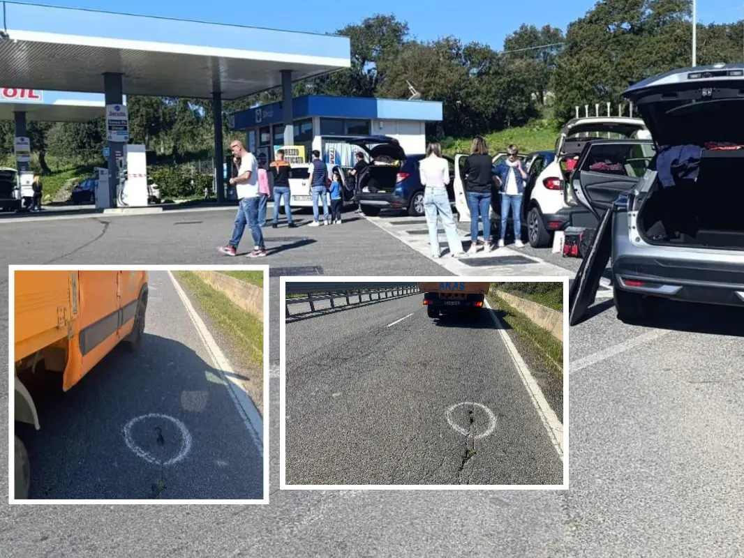 La auto con le gomme forate e la crepa sistemata da Anas