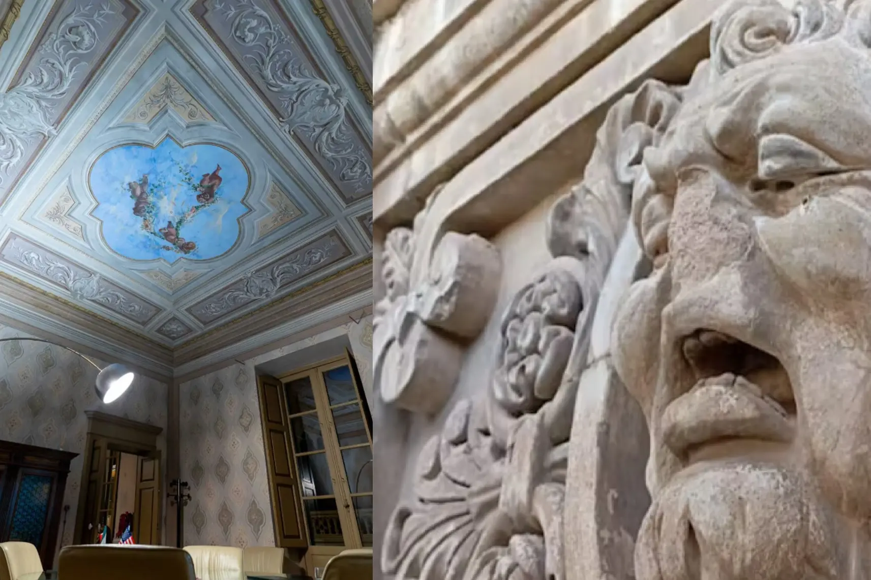 L'interno di Palazzo Lombardo e un particolare di una decorazione esterna (foto ufficio stampa)