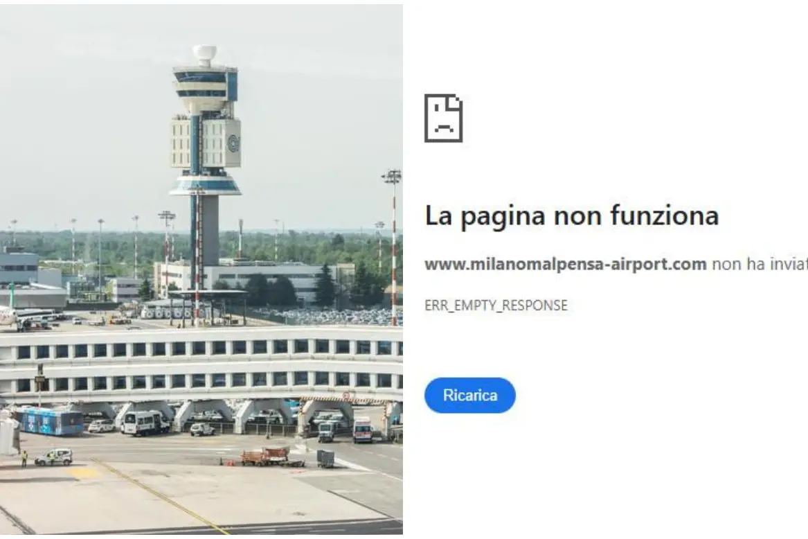 A sinistra lo scalo di Malpensa, a destra la schermata di errore nel sito dell'aeroporto (Ansa/L'Unione Sarda)