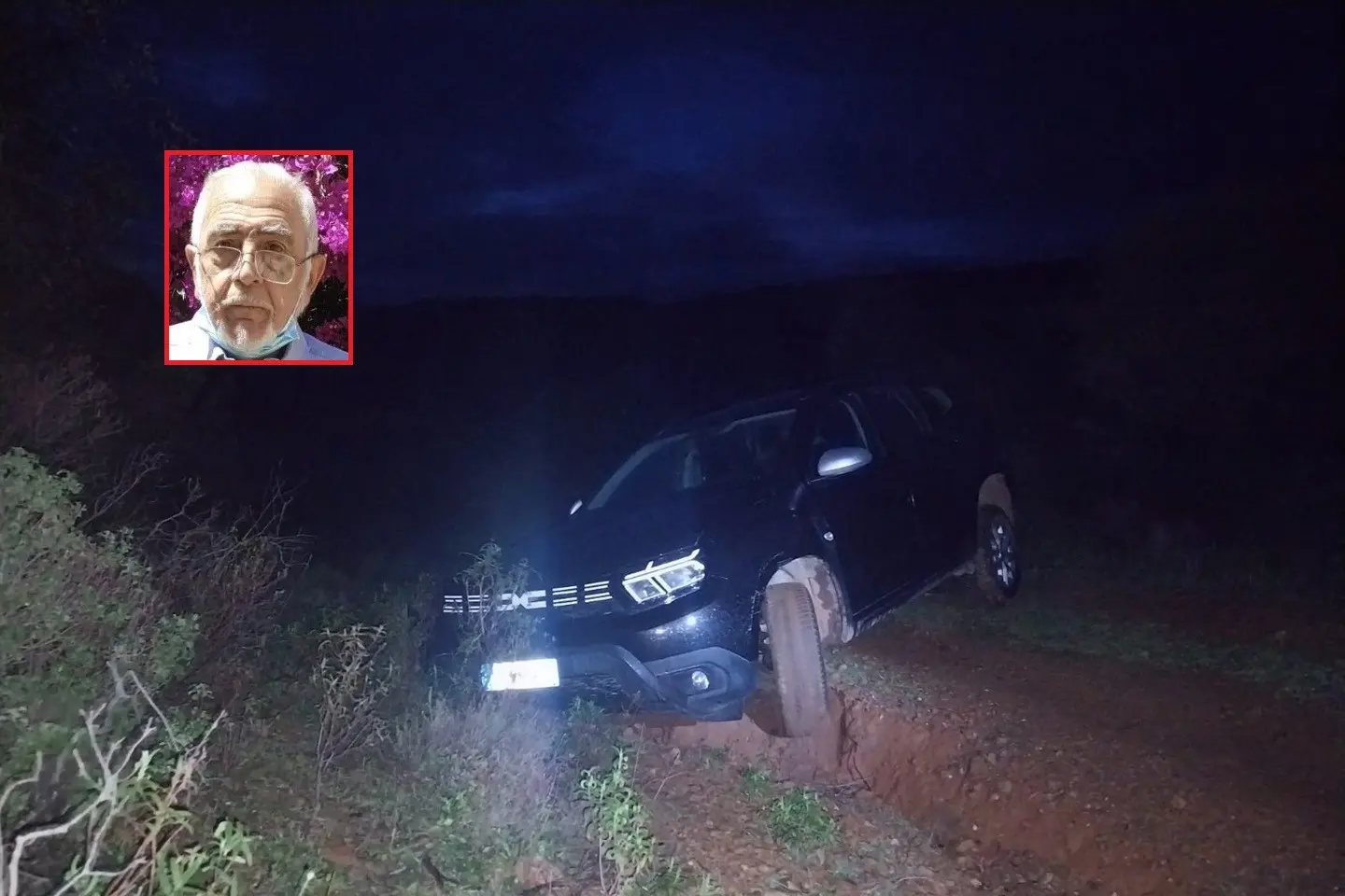 L'auto trovata nelle campagne di Iglesias (foto Maurizio Liscia) e, nel riquadro, Achille Boero