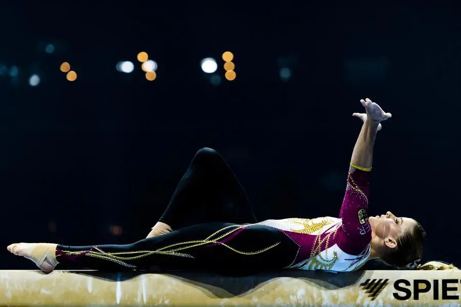 epa09154819 Germany's Elisabeth Seitz performs on the balance beam during the women's all-around final of the 2021 European Artistic Gymnastics Championships in Basel, Switzerland, 23 April 2021. EPA/GEORGIOS KEFALAS