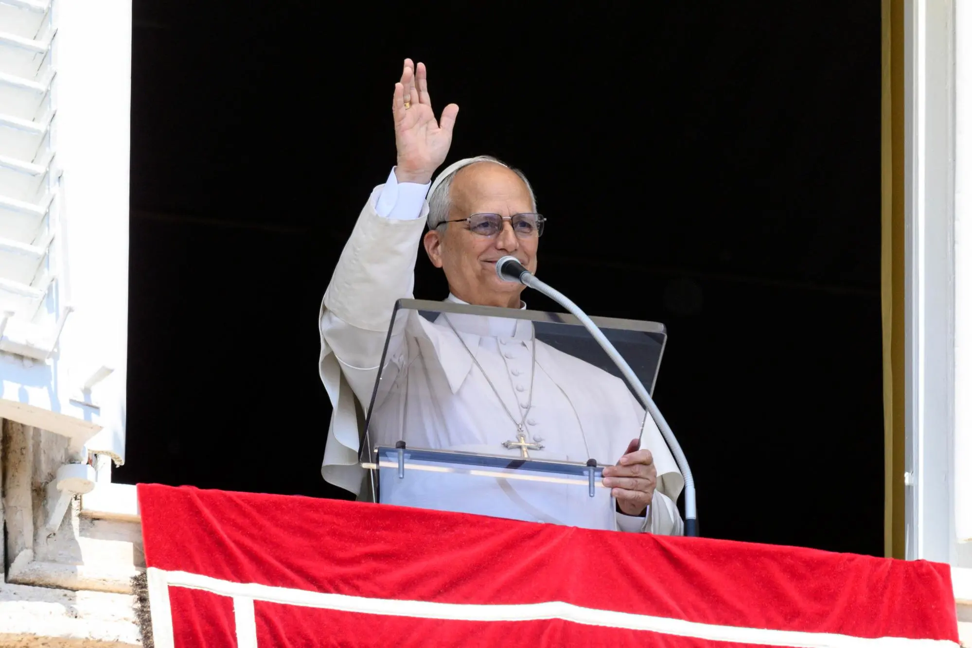 An handout picture provided by Vatican media press office shows Pope Leo XIV leading his Regina Coeli prayer from the window of his office overlooking Saint Peter's Square, Vatican City, 3 May 2026 ANSA / Vatican Media Press Office handout +++ ANSA PROVIDES ACCESS TO THIS HANDOUT PHOTO TO BE USED SOLELY TO ILLUSTRATE NEWS REPORTING OR COMMENTARY ON THE FACTS OR EVENTS DEPICTED IN THIS IMAGE - NO ARCHIVING - NO LICENSING - NPK +++