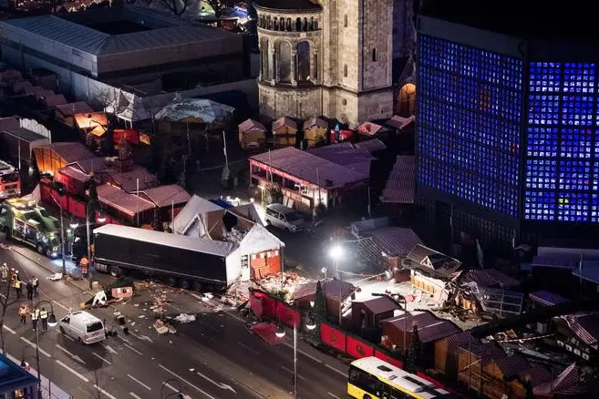 epa05683018 An aerial view shows the extent of the damage at the scene where a truck crashed into a Christmas market close to the Kaiser Wilhelm Memorial Church, in Berlin, Germany 20 December 2016. According to the police, at least 12 people were killed and at least 48 were injured after a truck ploughed into a busy Christmas market in Berlin. Authorities are investigating the incident as a 'possible terrorist attack,' media reported. EPA/BERND VON JUTRCZENKA