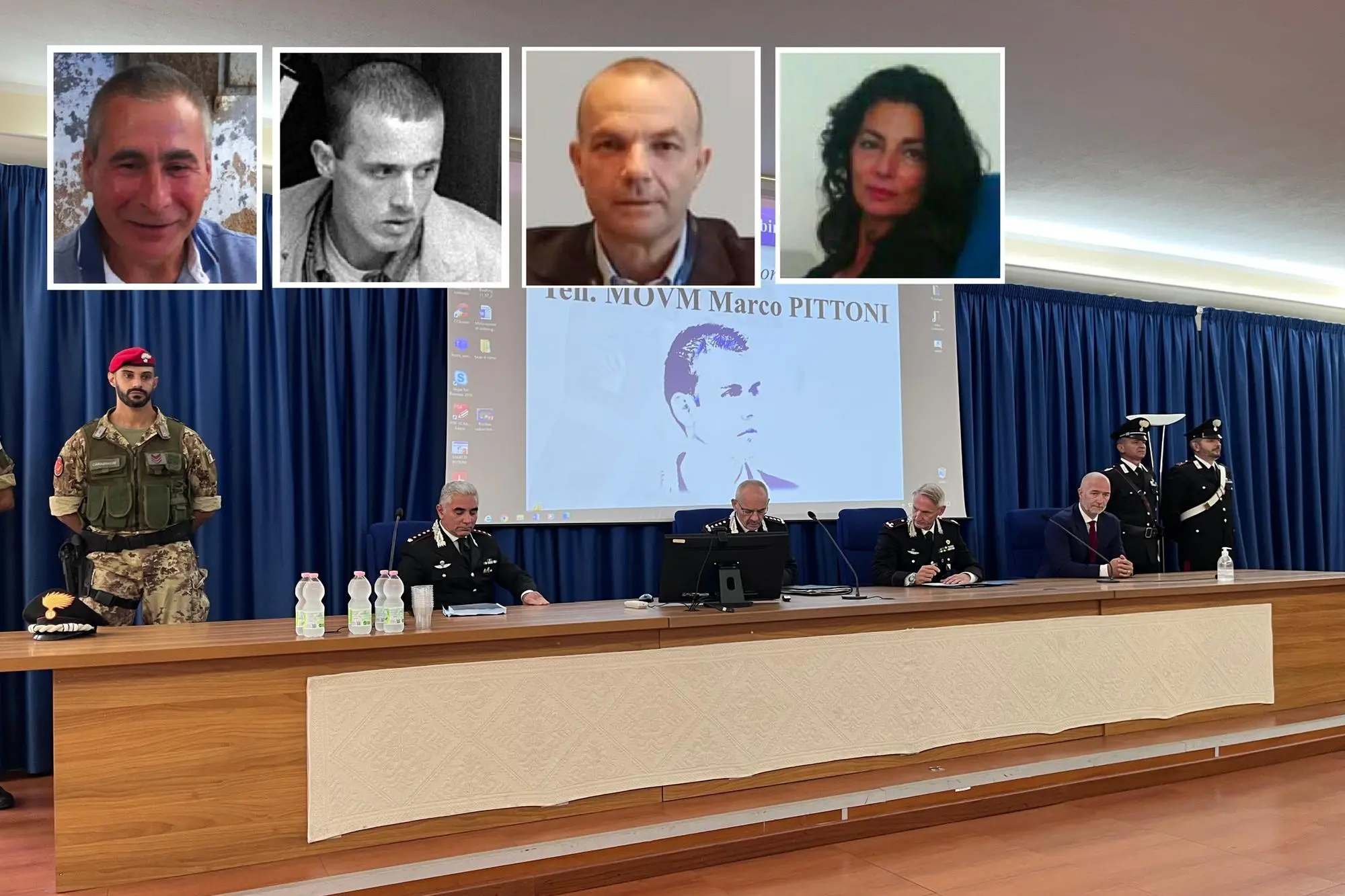 La conferenza stampa del Ros  e, nei riquadri: Cossu, Crissantu, Cocco e Murgia