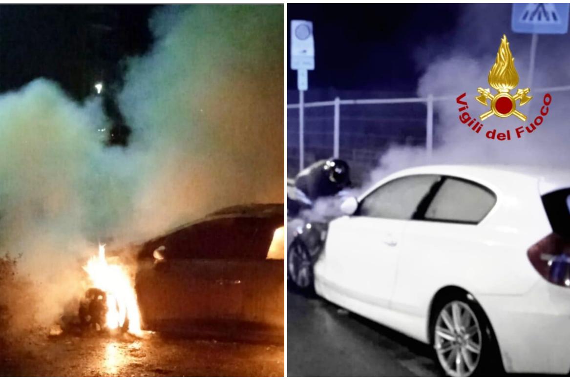 Two cars on fire in the night in Cagliari