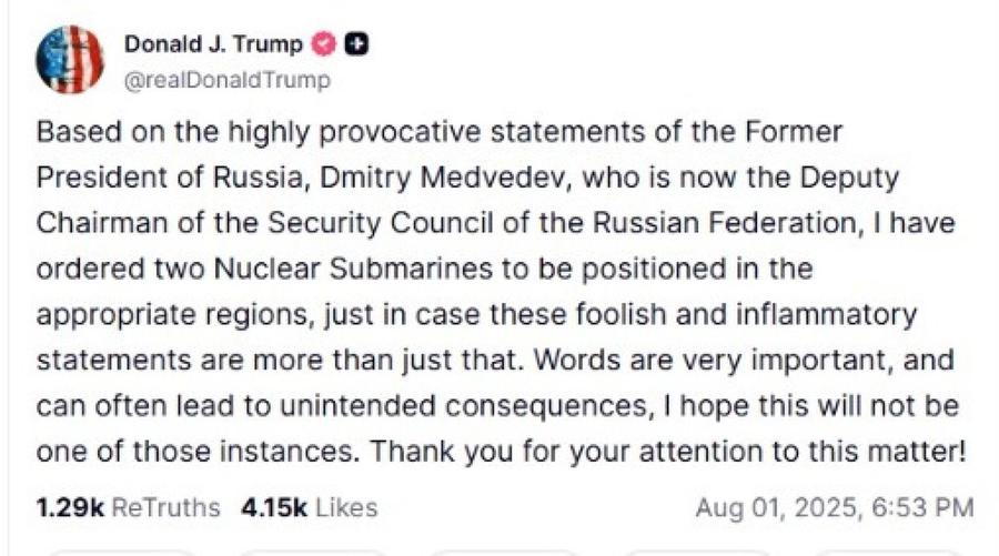 Medvedev evoca i missili atomici, Trump schiera due sottomarini nucleari