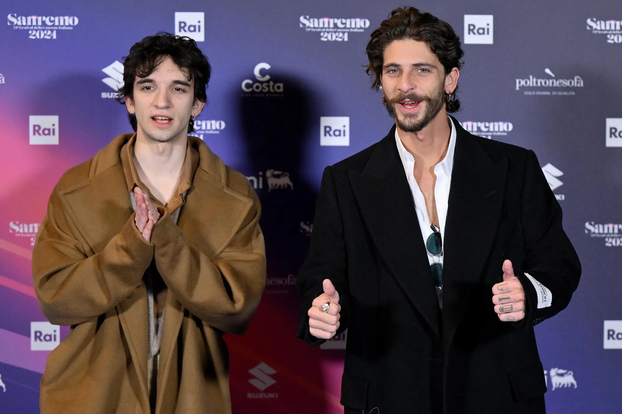Italian duo Santi Francesi pose during a photocall on the occasion of the 74th Sanremo Italian Song Festival, in Sanremo, Italy, 07 February 2024. The music festival will run from 06 to 10 February 2024. ANSA/ETTORE FERRARI