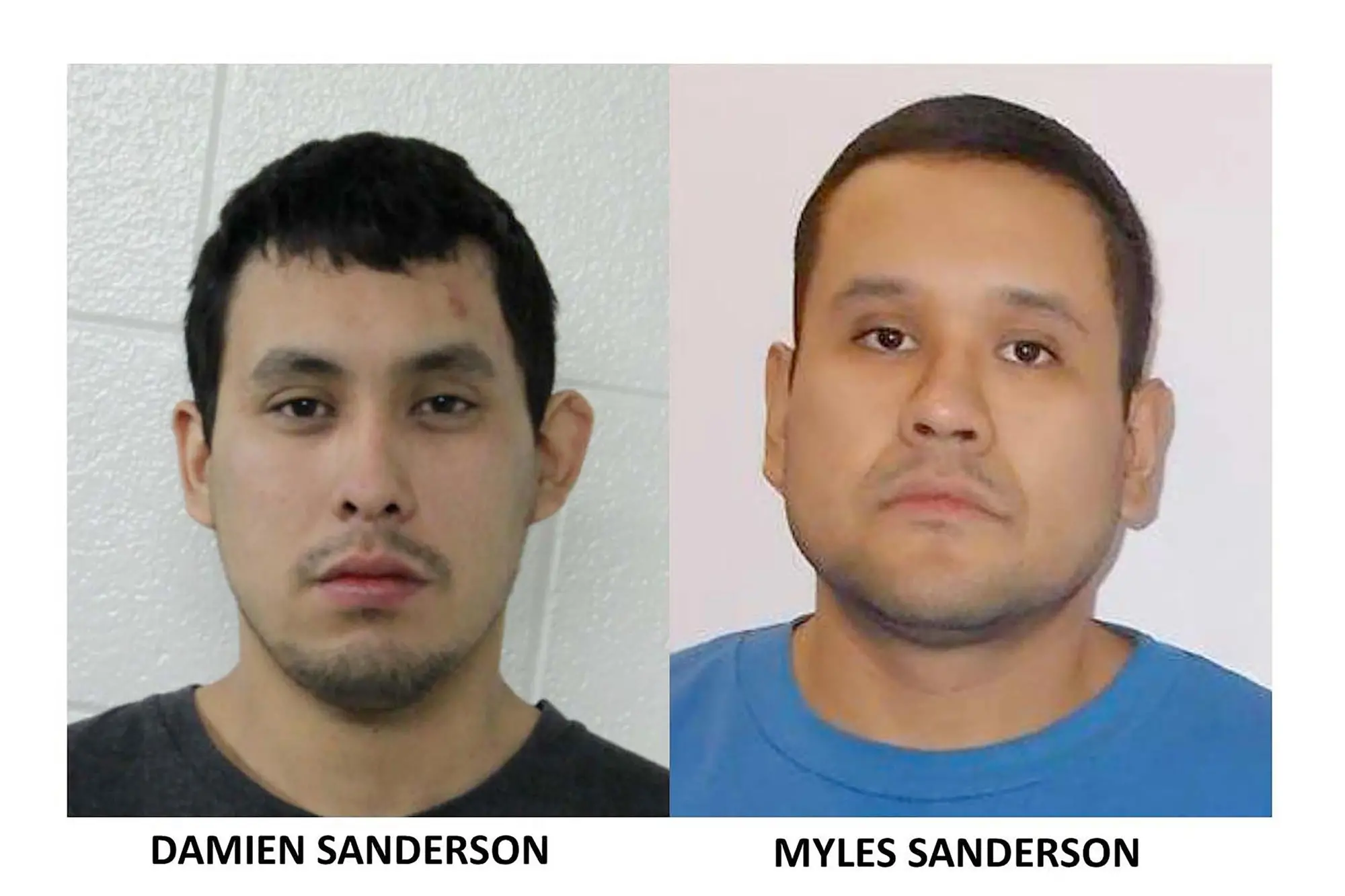 epa10160300 A handout combination photo made available by the Royal Canadian Mounted Police showing suspects Damien Sanderson (L) and Myles Sanderson (R) who are actively being sought by police in connection with stabbings in the James Smith Cree Nation, Saskatchewan, Canada, 04 September 2022. EPA/ROYAL CANADIAN MOUNTED POLICE / HANDOUT EDITORIAL USE ONLY, NO SALES HANDOUT EDITORIAL USE ONLY/NO SALES