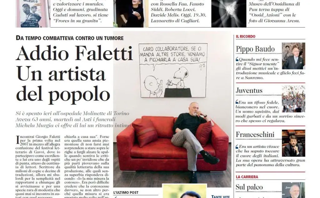 La notizia della morte su L'Unione Sarda, nel 2014