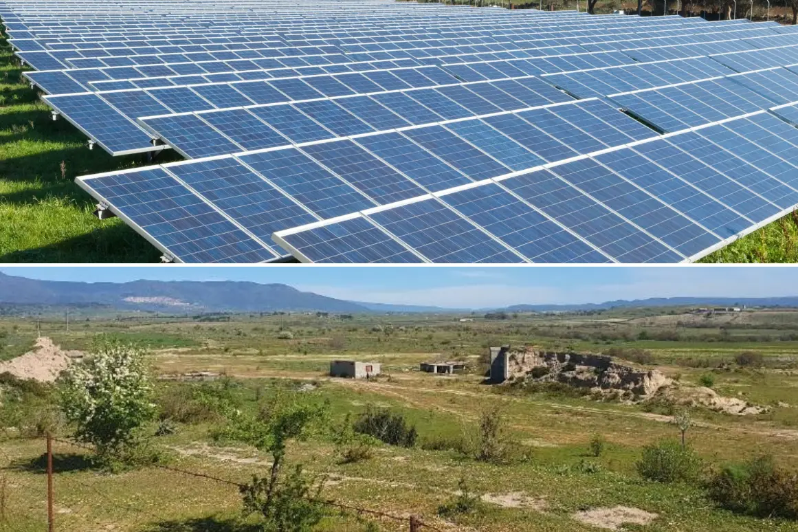 Sopra, pannelli fotovoltaici. Sotto: l'area sulla quale dovrebbe sorgere l'impianto