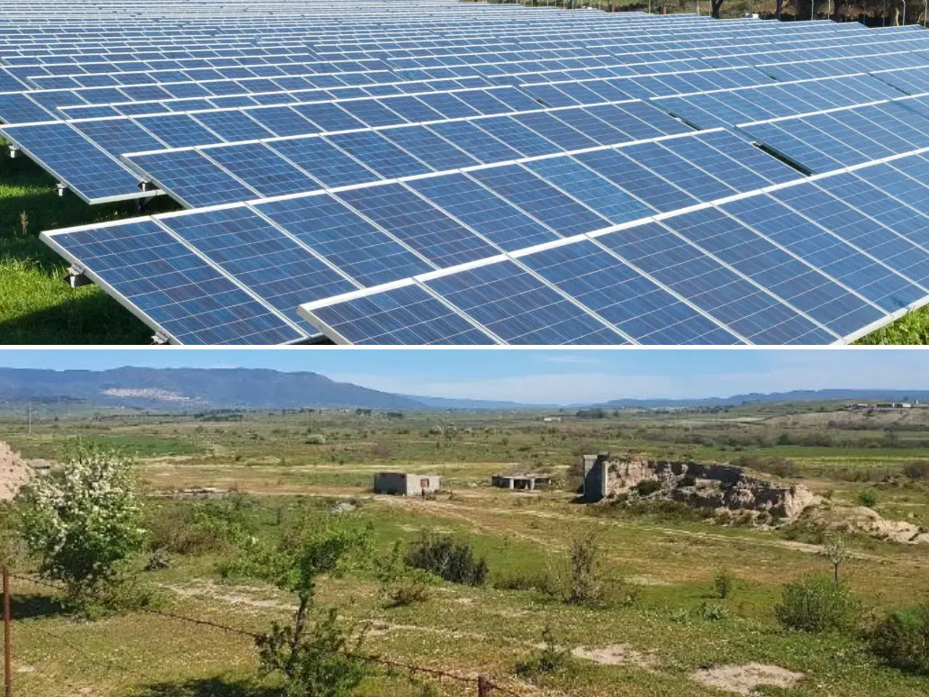 Sopra, pannelli fotovoltaici. Sotto: l'area sulla quale dovrebbe sorgere l'impianto