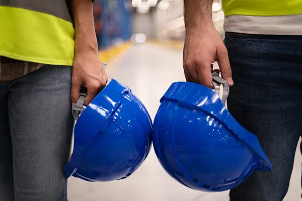 Close up of two unrecognizable industrial workers holding hardhat protection helmets.