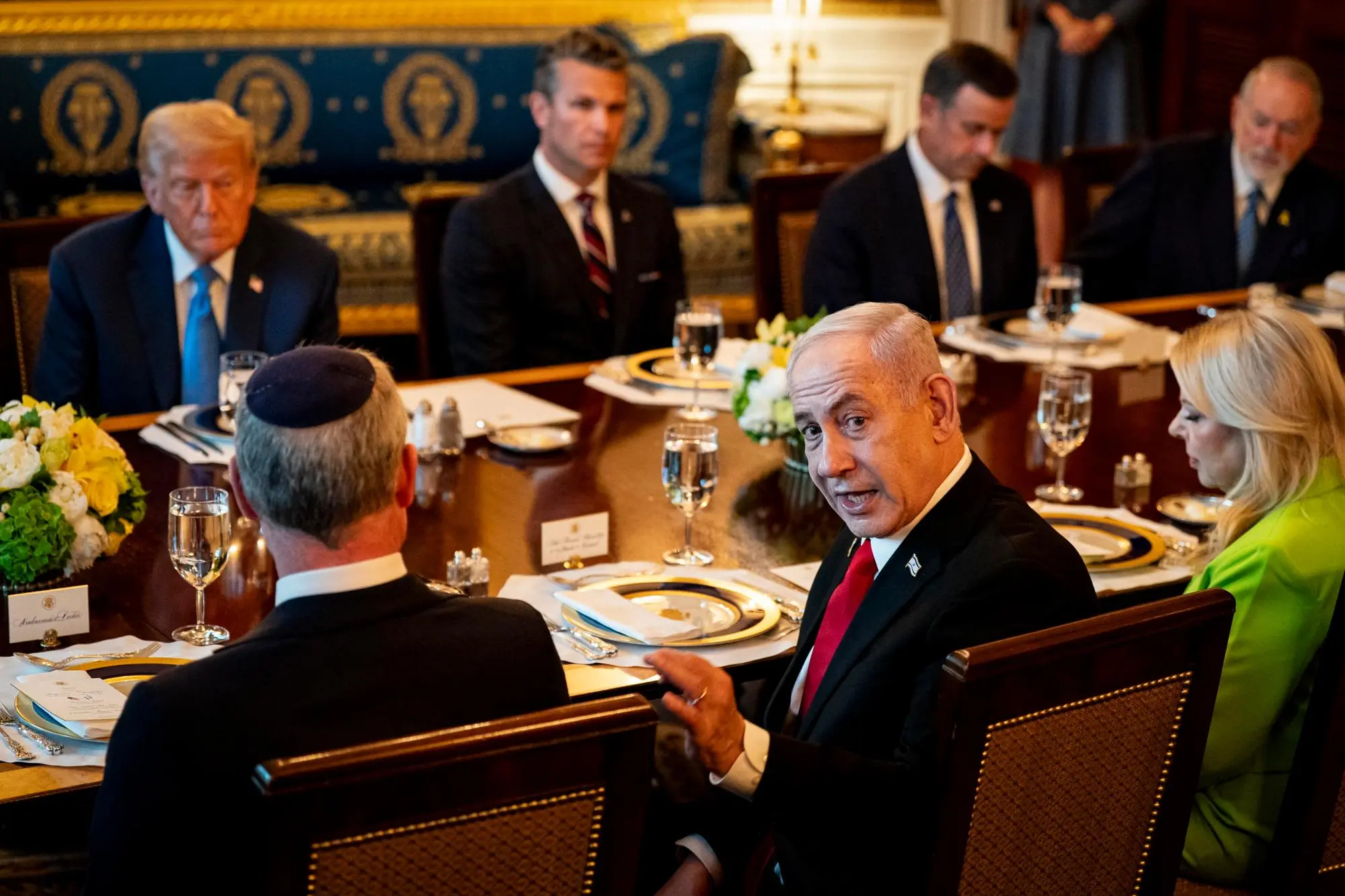 epa12223555 US President Donald Trump (L, top) and Israeli Prime Minister Benjamin Netanyahu (C, bottom) attend a dinner in the Blue Room of the White House in Washington, DC, USA, 07 July 2025. Israeli Prime Minister Benjamin Netanyahu told President Donald Trump he nominated him for the Nobel Peace Prize, using a visit to the White House to further cement the pair