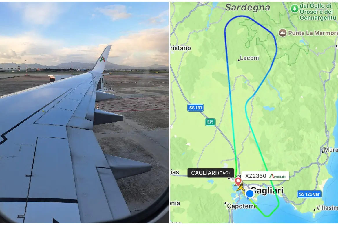 L'ala dell'aereo Cagliari-Milano (foto inviata), a destra il percorso del volo da Flightradar24