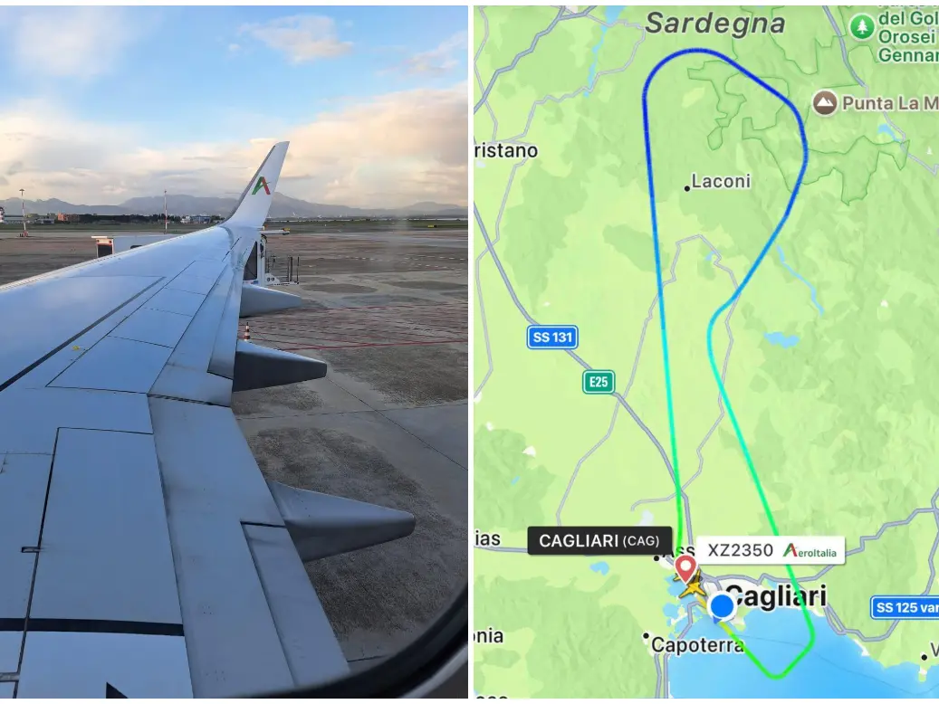L'ala dell'aereo Cagliari-Milano (foto inviata), a destra il percorso del volo da Flightradar24