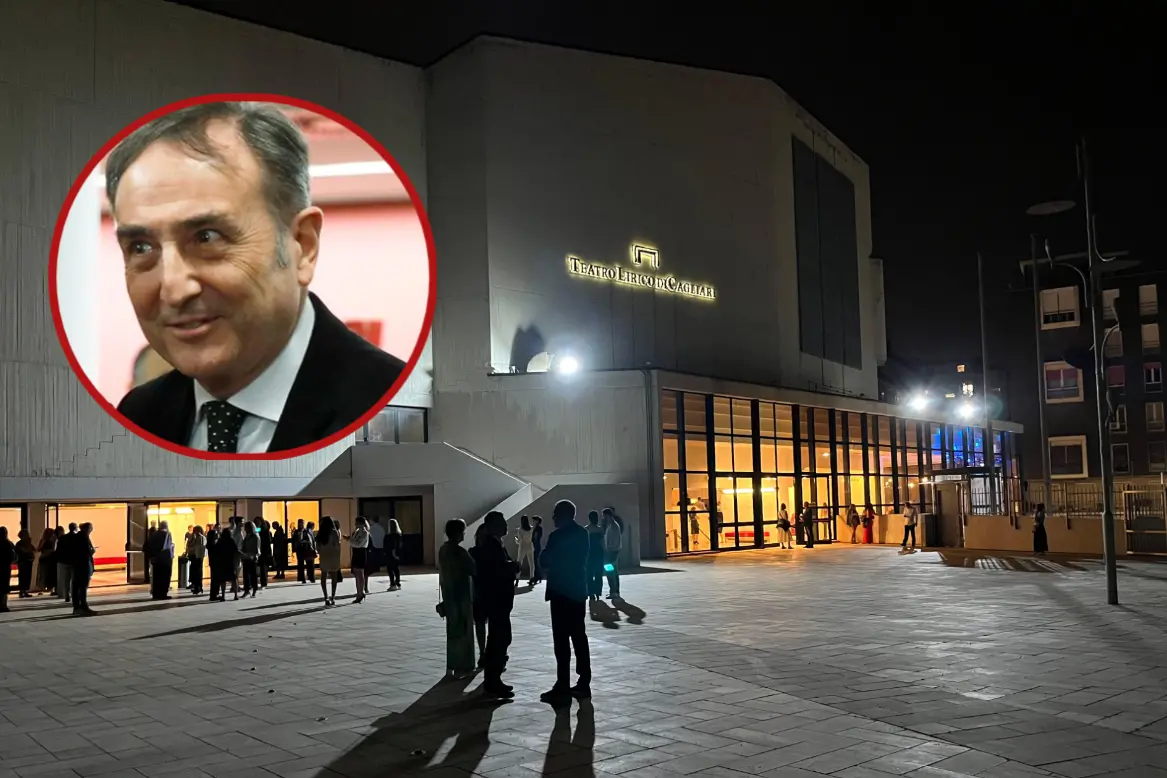 Il teatro lirico di Cagliari e, nel tondo, Nicola Colabianchi