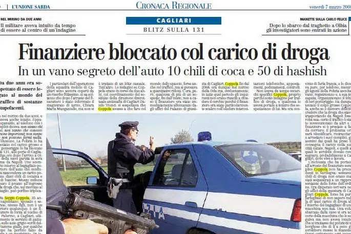 La pagina dell'Unione Sarda del 7 marzo 2008 con la notizia dell'arresto del finanziere