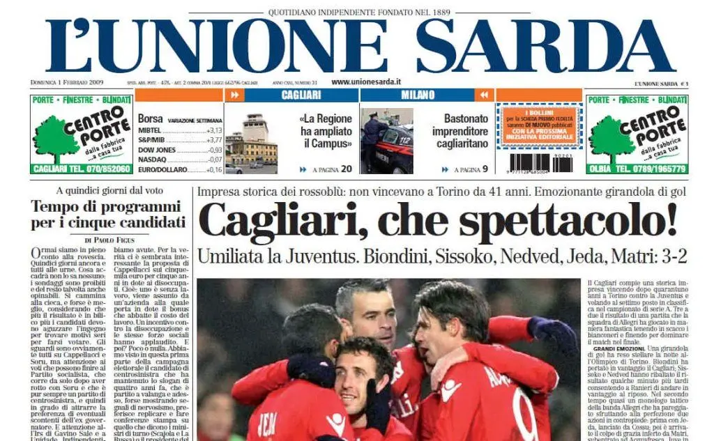 La notizia sulla prima pagina de L'Unione Sarda