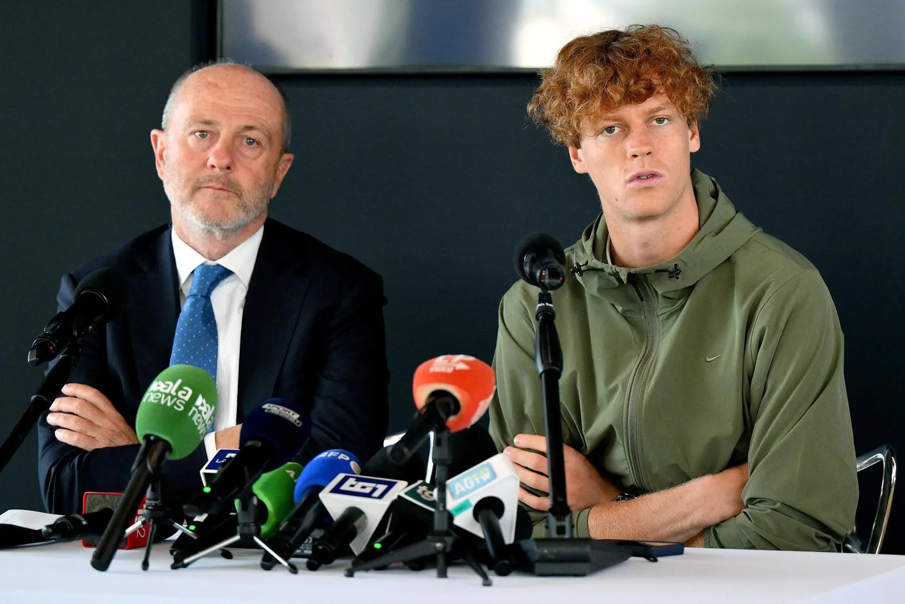 Italian tennis player Jannik Sinner (R) of Italy and Angelo Binaghi (L), president of the Italian tennis federation, attend a press conference, in Rome, Italy, 05 May 2024. Sinner announced Saturday he will not play at the upcoming Italian Open tennis tournament due to a hip injury which forced him out in Madrid earlier this week. ANSA/ETTORE FERRARI