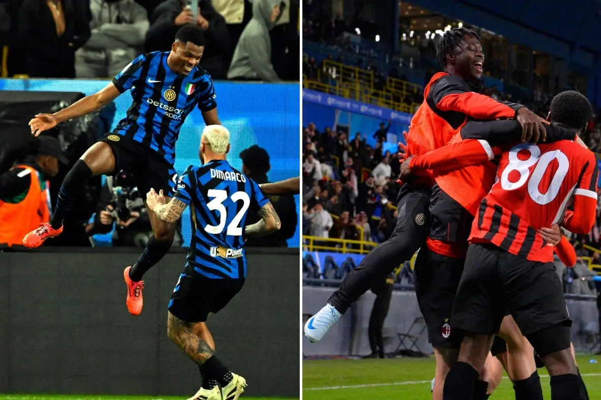 Le esultanze di Denzel Dumfries e Yunus Musah per i gol che hanno qualificato Inter e Milan in finale di Supercoppa (foto Ansa)