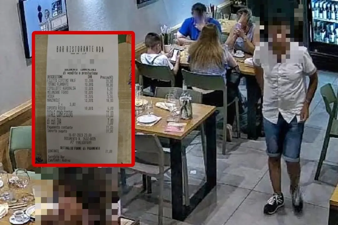 Una delle immagini pubblicate dal ristorante, in cui si vede lo scontrino (nel riquadro) nella mano dell'uomo