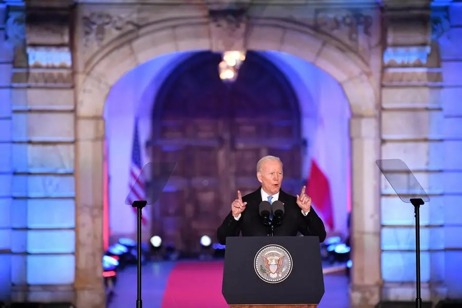 epa09851557 US president Joe Biden delivers a speech at the Royal Castle in Warsaw, Poland, 26 March 2022. Poland is the second stop during Biden's European visit. On 23 March the US president flew to Brussels, where on 24 March he participated in an extraordinary Nato summit, the summit of G7 leaders and the summit of the European Council. EPA/RADEK PIETRUSZKA POLAND OUT