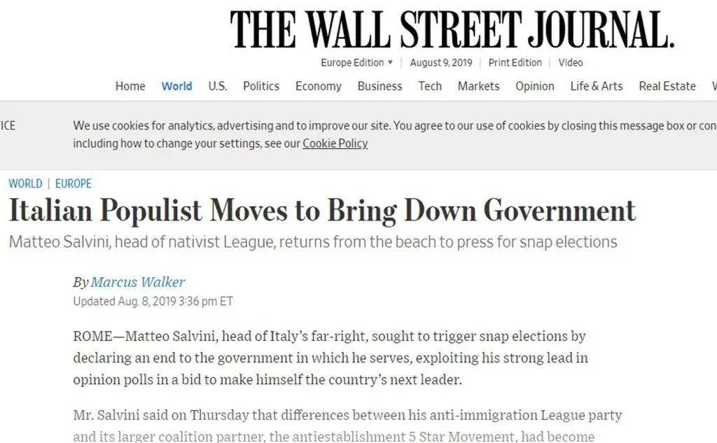 &quot;Il populista italiano fa cadere il Governo&quot;, The Wall Street Journal