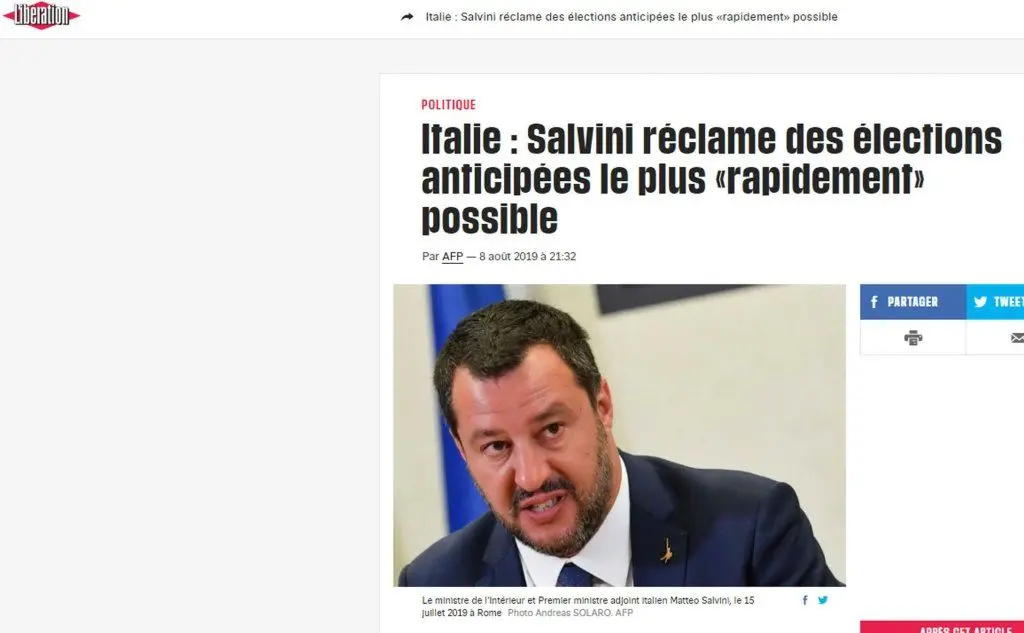 Liberation: &quot;Salvini reclama elezioni anticipate il più rapidamente possibile&quot;