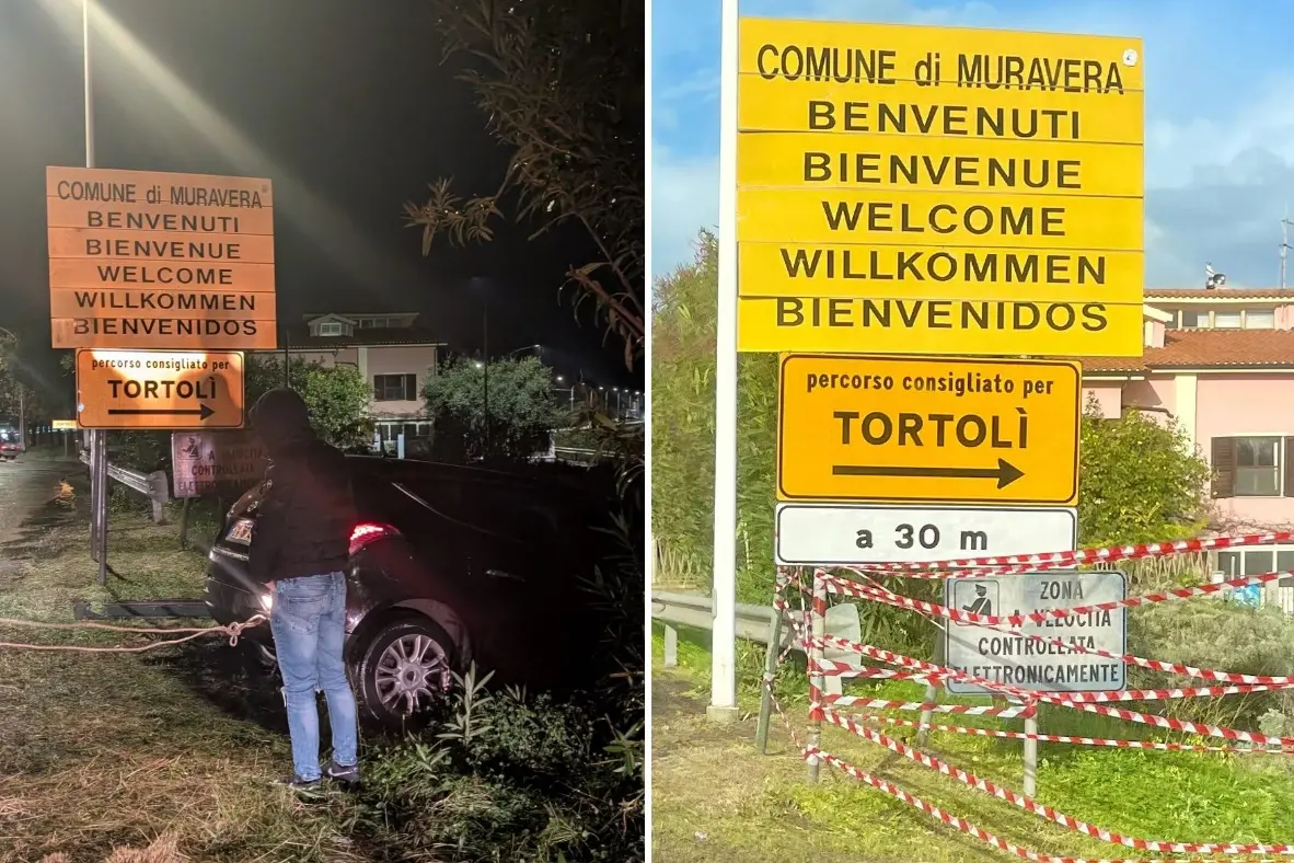 L'incidente di lunedì a Muravera (a sinistra) e il cartello per Tortolì aggiornato (foto Agus)