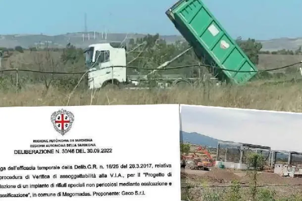 Un camion che scarica i fanghi, la delibera regionale e l'impianto di Magomadas (foto L'Unione Sarda)