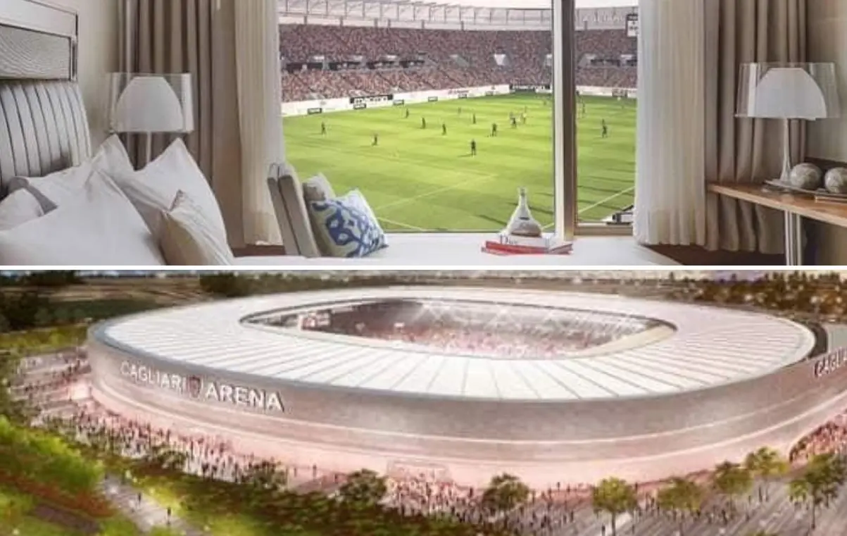 Due immagini del progetto del nuovo stadio (L'Unione Sarda)