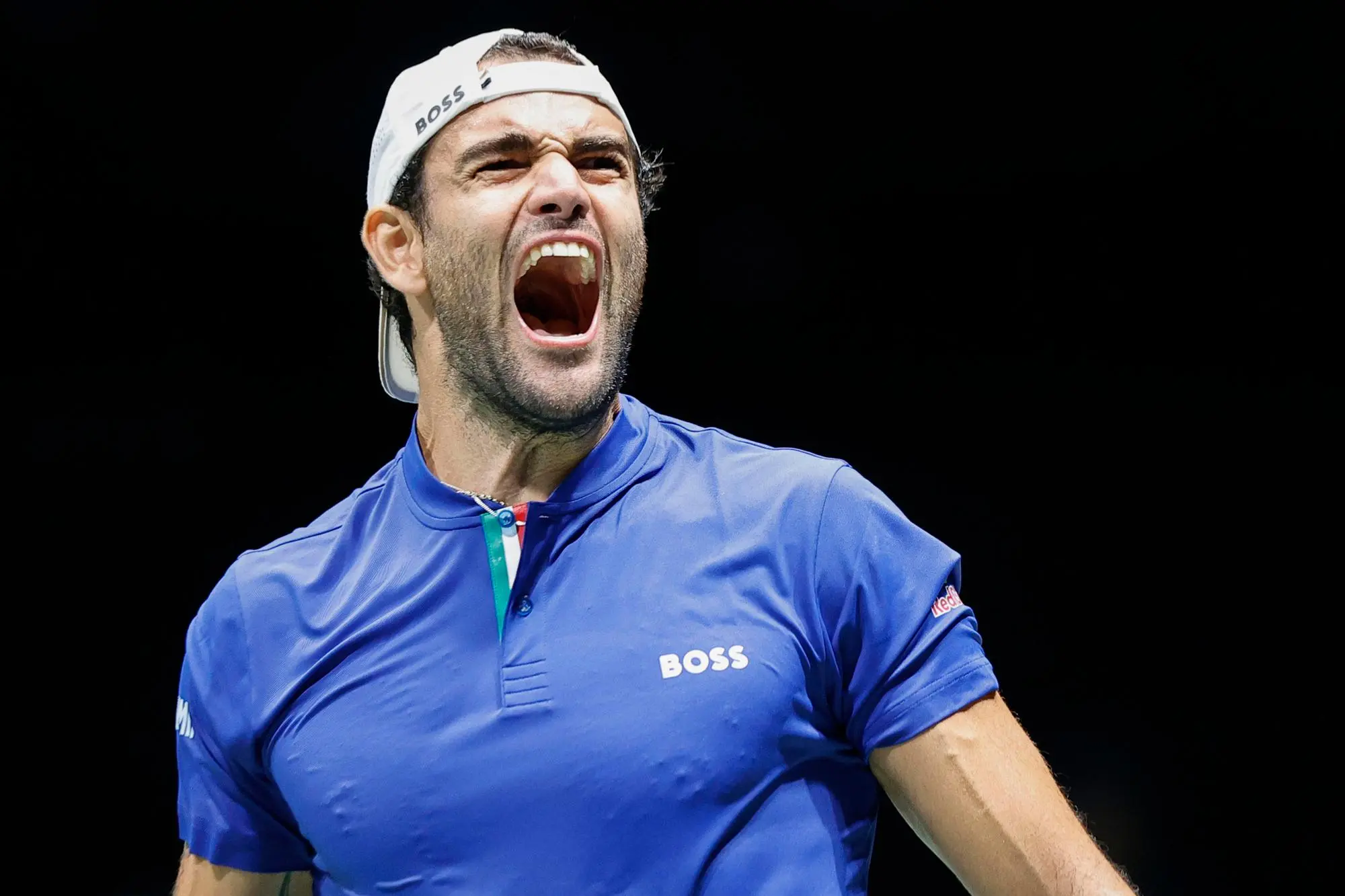 Italian tennis player Matteo Berrettini celebrates the victory against Brasilian player Joao Fonseca during the match of Davis Cup Final Group Stage at Unipol Arena in Casalecchio (Bologna) Italy, 11 September 2024. ANSA /ELISABETTA BARACCHI