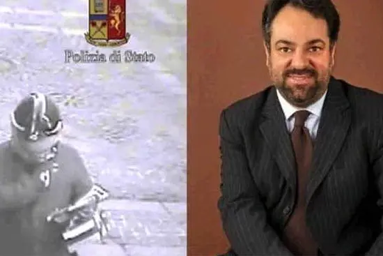 A destra Francesco Furchì, a sinistra l'immagine dell'assassino in un video della polizia