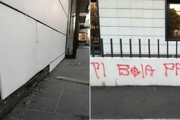 I danni davanti all'hotel e le scritte offensive (da Facebook)