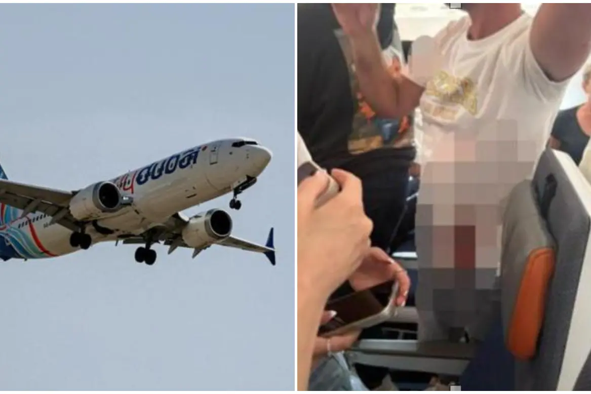 Un volo Fly Dubai e, in una foto da X, un passeggero del volo FlyDubai, da Dubai all'aeroporto Ben Gurion di Tel Aviv, con la maglietta macchiata di sangue (AmichaiStein1 via Ansa)