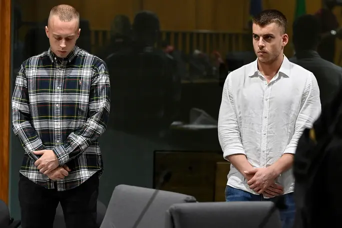 epaselect epa11455730 Lee Elder Finnegan (L) and Gabriele Natale Hjorth (R), during the appeal process for the murder of Carabiniere Mario Cerciello Rega in 2019, Rome, Italy, 03 July 2024. US college students Finnegan Lee Elder and Gabriel Natale-Hjorth, accused of stabbing to death the Carabinieri paramilitary police officer in 2019, were initially sentenced to life in prison in 2021. Their sentence in 2022 was reduced to 24 and 22 years respectively. The reduction was annulled in 2023 when Italy's highest court ordered a retrial. EPA/RICCARDO ANTIMIANI