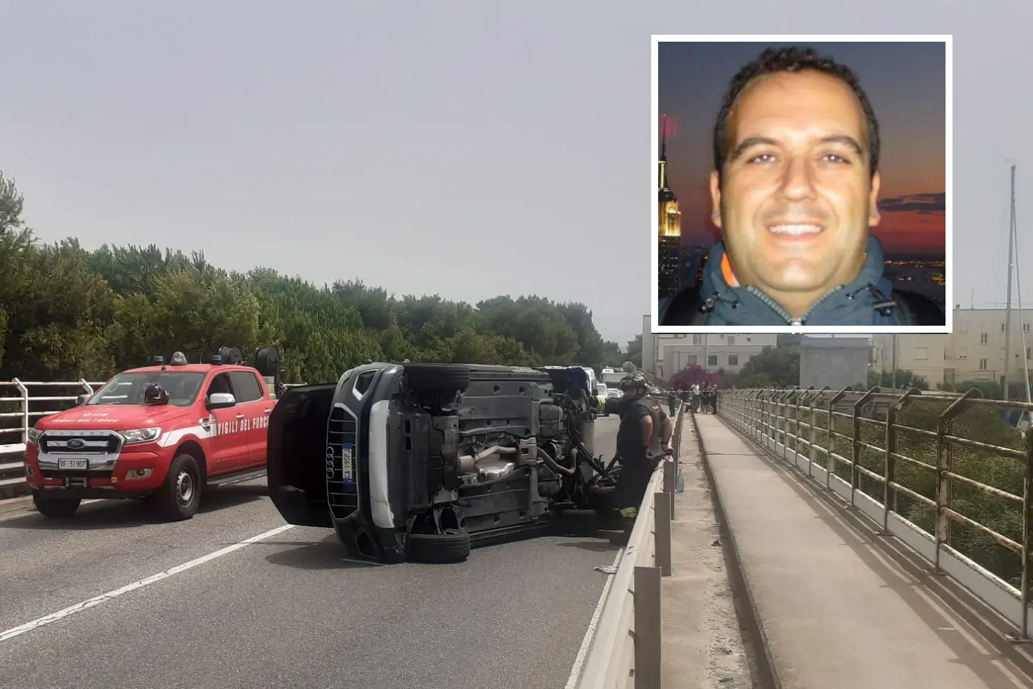 L'incidente sul ponte e, nel riquadro, la vittima, Alessandro Valdes