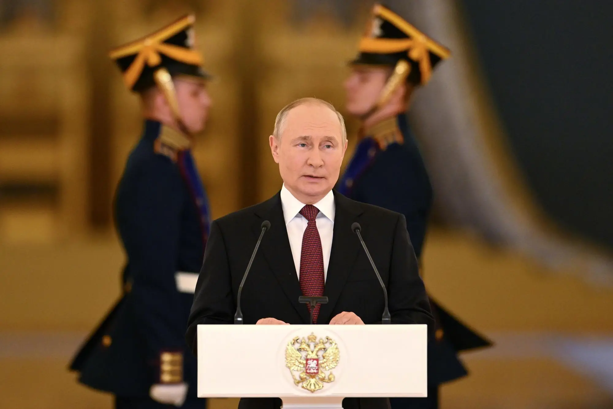 Russian President Vladimir Putin speaks during a ceremony to receive credentials from foreign ambassadors at the Kremlin's Alexander Hall in Moscow, Russia, 20 September 2022. ANSA/PAVEL BEDNYAKOV/SPUTNIK/KREMLIN POOL MANDATORY CREDIT