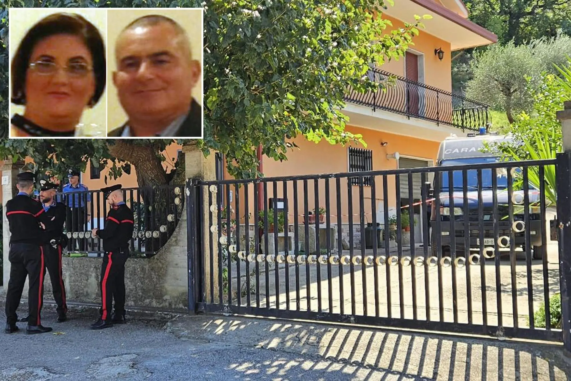 L'abitazione a Paupisi, nel beneventano, dove è avvenuto il femminicidio e - nei riquadri - la vittima Elisa Polcino e il marito, Salvatore Ocone (Ansa)