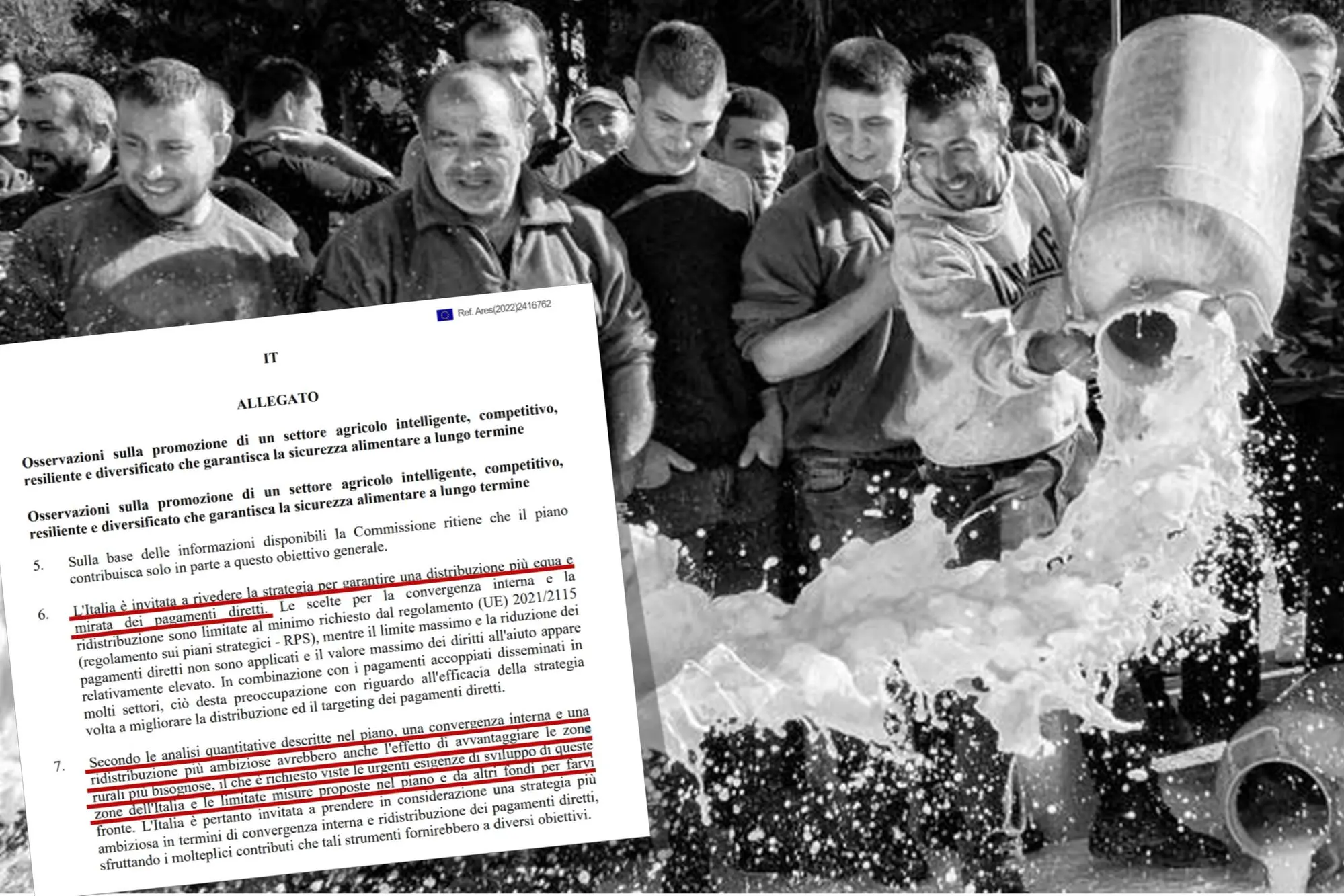 Una foto simbolo della protesta dei pastori sardi con il documento della Commissione europea che chiede modifiche al governo (foto L'Unione Sarda)