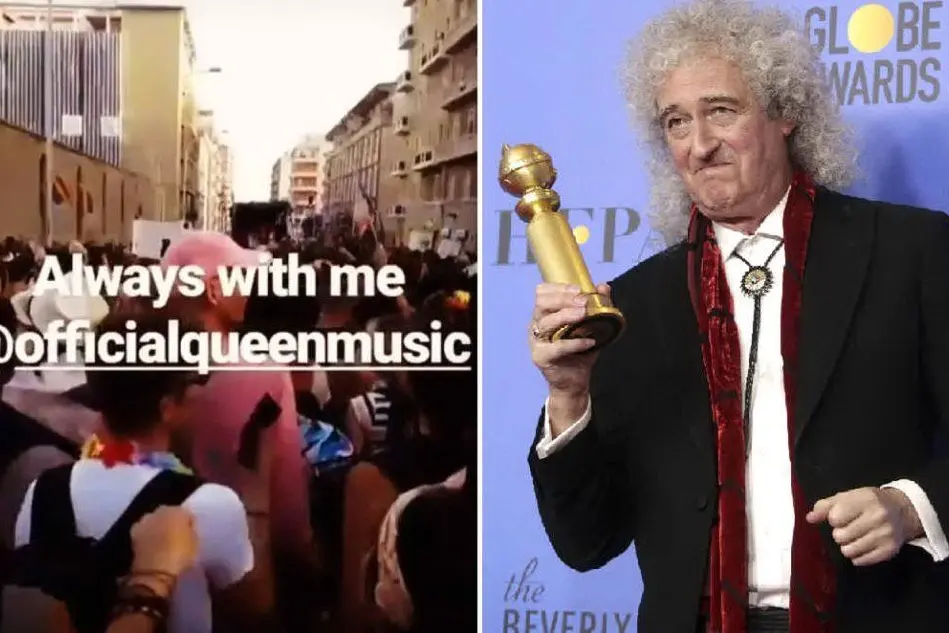 A sinistra, un fram del video su Instagram. A destra, Brian May (Ansa)